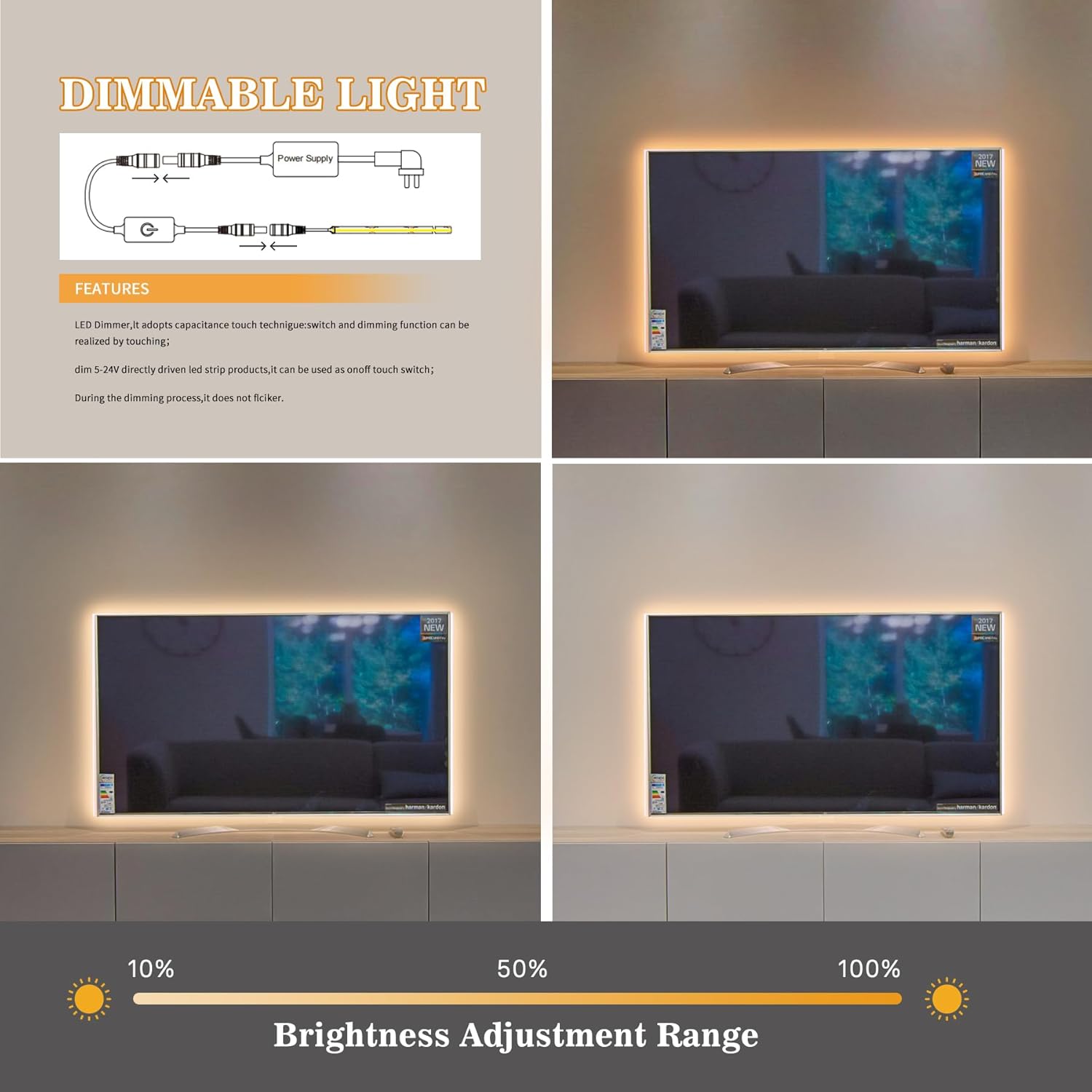 Touch Dimmable LED Strip Lights, 3M Warm White